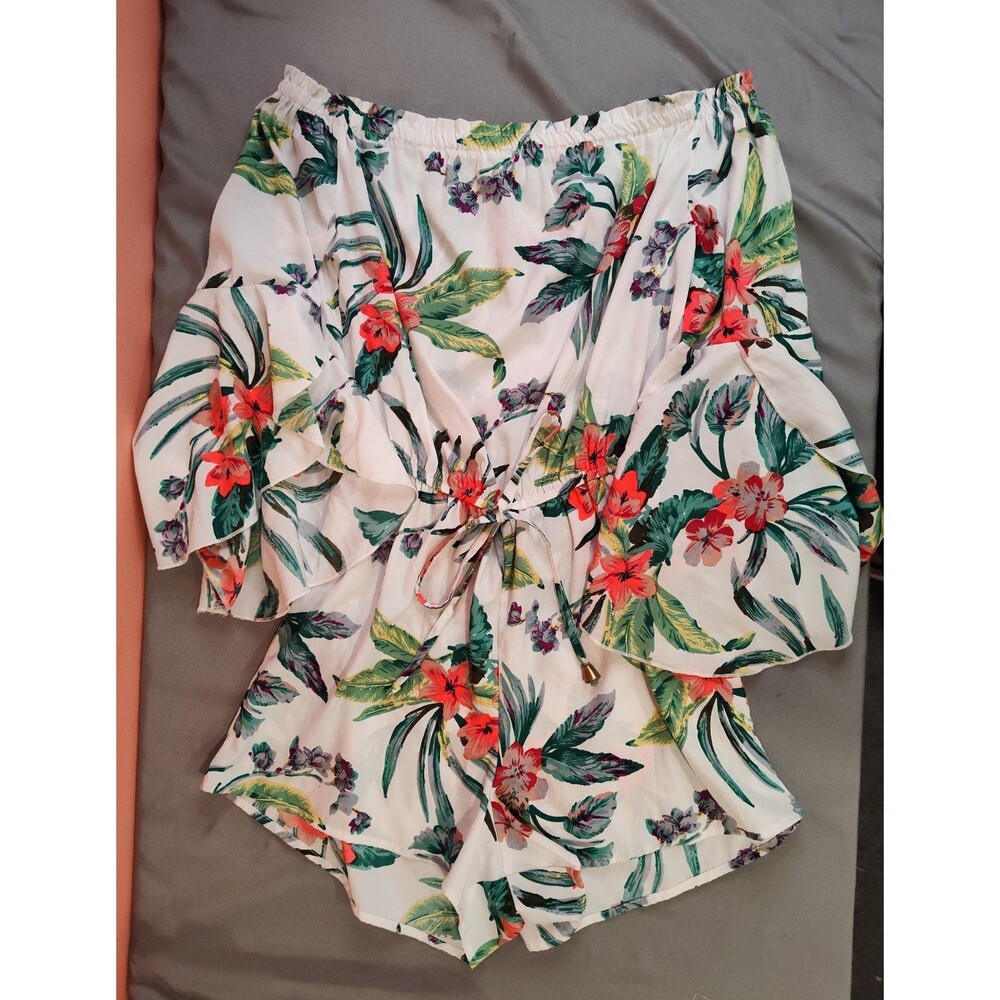 Women's Blush Flutter Sleeves Floral Romper White Pink Green Small